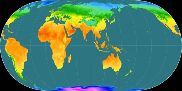 世界地图在胡塔格尔投影中心位于东经90度 平均年温度图 具有满意性能的栅格原料复合材料 3D插图 — 图库照片