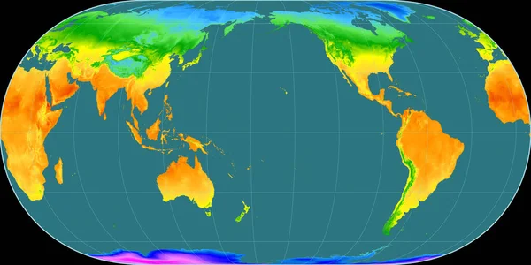 休格尔投影中的世界地图以西经170度为中心 平均年温度图 具有满意性能的栅格原料复合材料 3D插图 — 图库照片