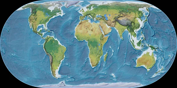 Mapa Mundo Projeção Hufnagel Centrado Longitude Leste Principais Características Paisagem — Fotografia de Stock