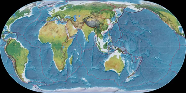 世界地图在胡塔格尔投影中心位于东经90度 主要地貌地貌特征 具有满意和构造板块边界的栅格组合物 3D插图 — 图库照片