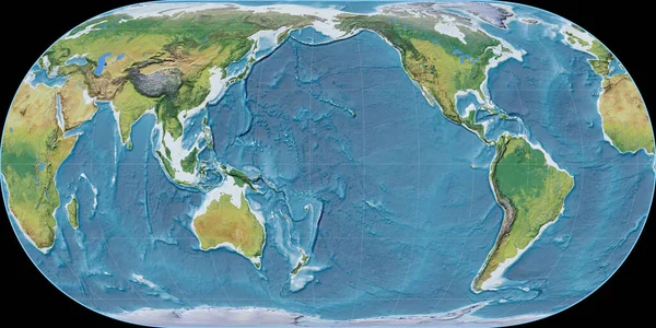 World Map Hufnagel Projection Centered 170 West Longitude Main Physiographic — Stock Photo, Image