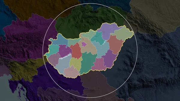 Hungary zoomed and circled. Colored and bumped map of the administrative division. 3D rendering