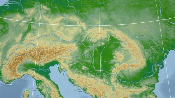 Венгрия Соседство Отдаленная Перспектива Очертаний Физическая Карта Цвета — стоковое фото