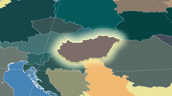ハンガリーとその周辺 遠くの斜めの視点 形状が光った 行政区画のカラーマップ — ストック写真