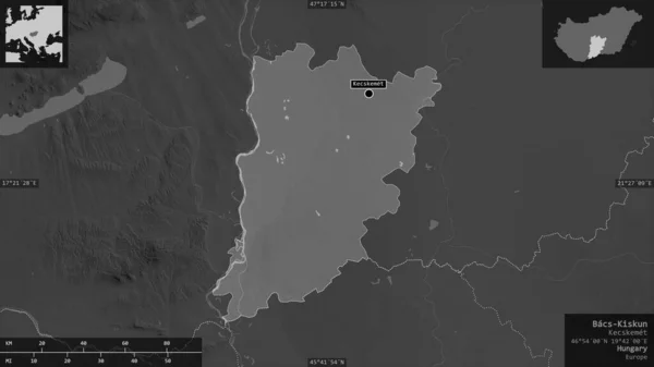 Bacs Kiskun Condado Hungria Mapa Tons Cinza Com Lagos Rios — Fotografia de Stock