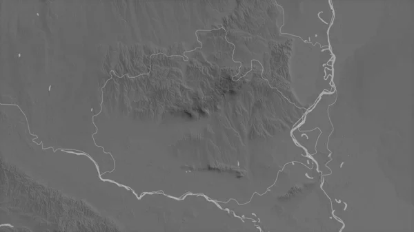 Baranya, county of Hungary. Grayscaled map with lakes and rivers. Shape outlined against its country area. 3D rendering