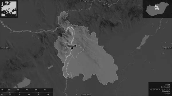 Pest, county of Hungary. Grayscaled map with lakes and rivers. Shape presented against its country area with informative overlays. 3D rendering