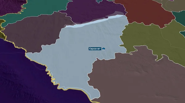 Somogy - county of Hungary zoomed and highlighted with capital. Colored and bumped map of the administrative division. 3D rendering
