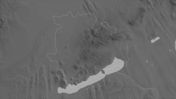 Veszprem , county of Hungary. Grayscaled map with lakes and rivers. Shape outlined against its country area. 3D rendering