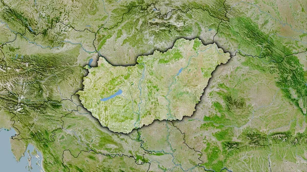 衛星上のハンガリーエリア立体投影の地図 暗い輝く輪郭を持つラスター層の生の組成 — ストック写真