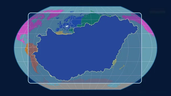 ハンガリーのアウトラインを視野に入れ 世界地図に対する視点線をカヴァライスキー投影で拡大した 形を中心に 大陸のカラーマップ — ストック写真