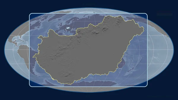 Přiblížený Pohled Maďarsko Nastiňuje Perspektivu Porovnání Globální Mapou Mollweidově Projekci — Stock fotografie