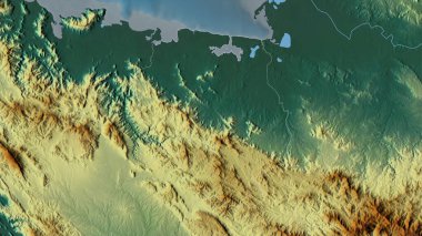 Nord-Est, Haiti Bölümü. Göller ve nehirlerle renkli rahatlama. Ülke alanına göre şekillendirilmiş. 3B görüntüleme