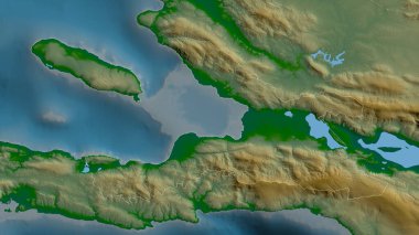 Ouest, Haiti Bölümü. Gölleri ve nehirleri olan renkli gölge verileri. Ülke alanına göre şekillendirilmiş. 3B görüntüleme