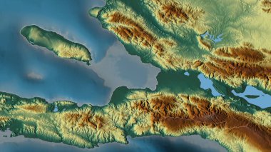 Ouest, Haiti Bölümü. Göller ve nehirlerle renkli rahatlama. Ülke alanına göre şekillendirilmiş. 3B görüntüleme