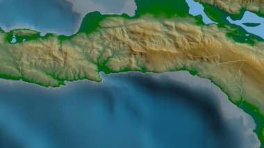 Sud-Est, Haiti Bölümü. Gölleri ve nehirleri olan renkli gölge verileri. Ülke alanına göre şekillendirilmiş. 3B görüntüleme