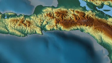Sud-Est, Haiti Bölümü. Göller ve nehirlerle renkli rahatlama. Ülke alanına göre şekillendirilmiş. 3B görüntüleme