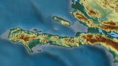 Sud, Haiti Bölümü. Göller ve nehirlerle renkli rahatlama. Ülke alanına göre şekillendirilmiş. 3B görüntüleme