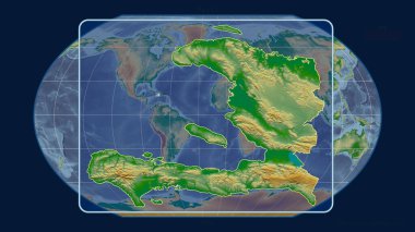 Kavrayskiy projeksiyonundaki küresel bir haritaya karşı perspektif çizgileriyle Haiti 'nin görüntüsüne yakınlaştım. Şekil merkezli. renk fiziksel haritası