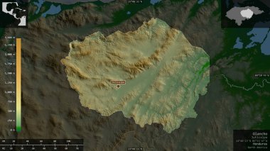 Olancho, Honduras Departmanı. Gölleri ve nehirleri olan renkli gölge verileri. Ülke alanına karşı bilgilendirici örtülerle sunulan şekil. 3B görüntüleme