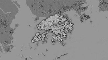 Stereografik projeksiyondaki gri ölçekli yükselti haritasında Hong Kong bölgesi - koyu parlak dış hatlı raster tabakalarının ham bileşimi