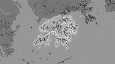 Stereografik projeksiyondaki gri ölçekli yükseltme haritasında Hong Kong bölgesi - ışık saçan ana hatlı raster tabakalarının ham bileşimi