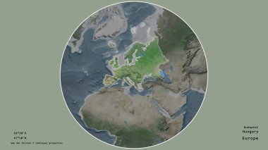 Macaristan 'ın alanı, doymamış arka plandaki kıtasının etrafını çevreleyen çemberin merkezindedir. Büyük harf georeferans ve isimler verildi. Uydu görüntüleri