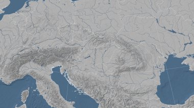 Macaristan ve komşuları. Uzak eğimli perspektif - özet yok. Gri tonlama yükseklik haritası