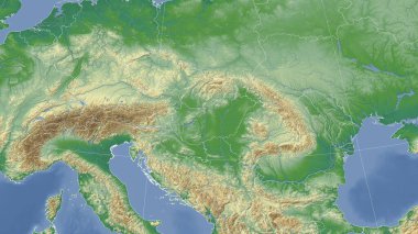 Macaristan ve komşuları. Uzak eğimli perspektif - özet yok. renk fiziksel haritası