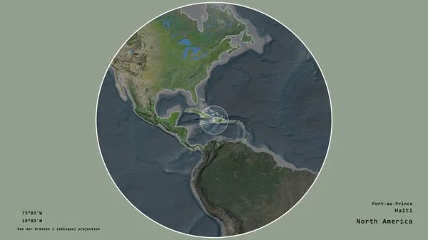 ハイチの地域は 荒廃した背景に対して隔離された大陸の大規模な地図上の円でマークされました 与えられた資本金の地理的条件と名前 衛星画像 — ストック写真