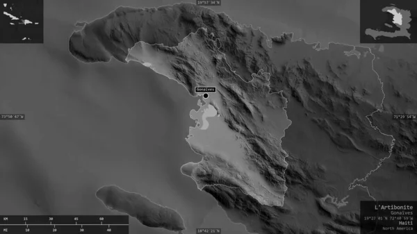 Artibonite Departement Haiti Graustufige Karte Mit Seen Und Flüssen Gestalt — Stockfoto