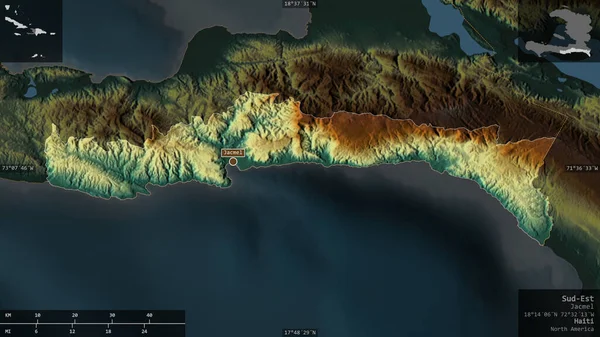Sud Est Департамент Гаити Цветной Рельеф Озерами Реками Форма Представленная — стоковое фото