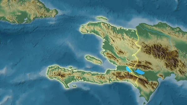 立体投影地形图上的海地地区 有发光轮廓的栅格层的原始组成 — 图库照片