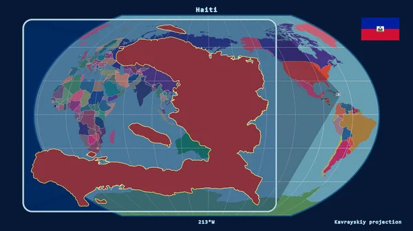 ハイチのアウトラインを視野に入れ カヴァライスキー予測の世界地図に対する視点線を拡大した 左側の形 行政区画のカラーマップ — ストック写真