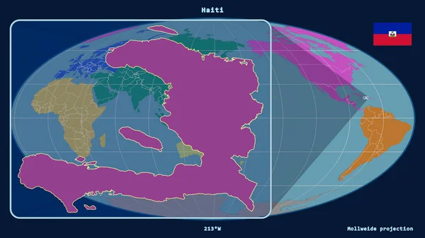 モルワイド予測の世界地図に対する視点線でハイチのアウトラインを拡大表示しました 左側の形 大陸のカラーマップ — ストック写真