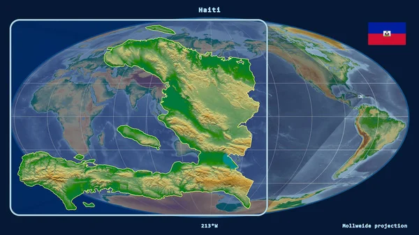 Přiblížený Pohled Haiti Perspektivními Liniemi Proti Globální Mapě Mollweidově Projekci — Stock fotografie