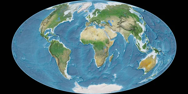 World map in the Hammer Oblique projection centered on 11 East longitude. Satellite imagery A - raw composite of raster with graticule. 3D illustration