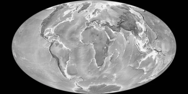 World map in the Hammer Oblique projection centered on 11 East longitude. Grayscale elevation map - raw composite of raster with graticule. 3D illustration