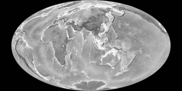 World Map Hammer Oblique Projection Centered East Longitude Grayscale Elevation — Stock Photo, Image