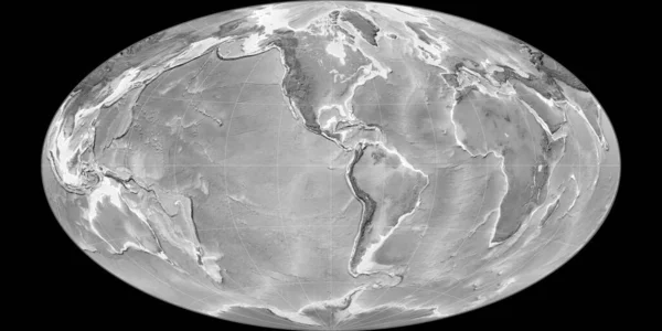 90西の経度を中心としたハマー オブリーク プロジェクションの世界地図 グレースケール標高地図 グレースケールとラスターの生の複合体 3Dイラスト — ストック写真