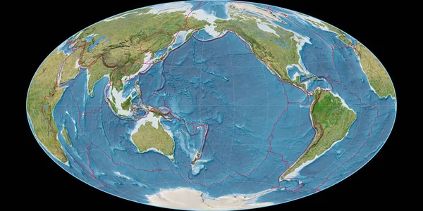 Карта Мира Проекции Hammer Oblique Сосредоточена 170 Западной Долготе Спутниковые — стоковое фото