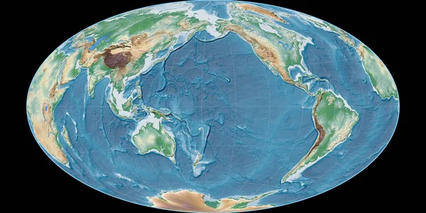 西の経度170度を中心としたハマー オブリーク プロジェクションの世界地図 色シェーダー 標高マップ 粒状のラスターの生の複合体 3Dイラスト — ストック写真