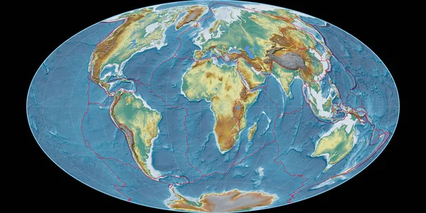Hammer Oblique Projekció Világtérképe Keleti Hosszúság Összpontosult Topográfiai Domborzati Térkép — Stock Fotó