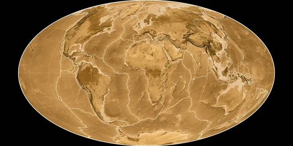Карта Мира Проекции Hammer Oblique Сосредоточена Восточной Долготе Сепия Тонированная — стоковое фото
