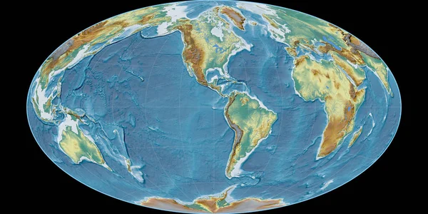 Mapa Świata Projekcji Hammer Oblique Skupiona Zachodniej Długości Geograficznej Topograficzna — Zdjęcie stockowe