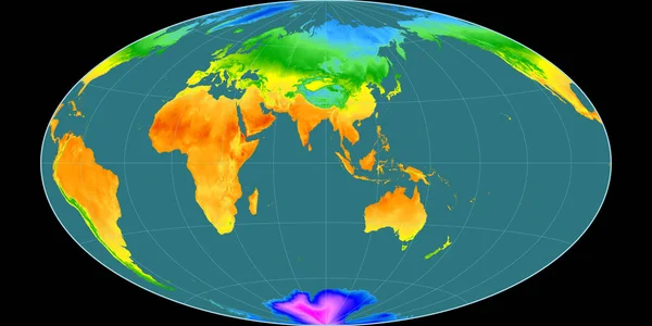 铁锤斜投影中的世界地图以东经90度为中心 平均年温度图 具有满意性能的栅格原料复合材料 3D插图 — 图库照片