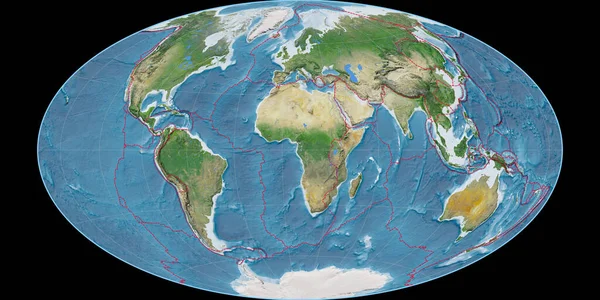 World map in the Hammer Oblique projection centered on 11 East longitude. Main physiographic landscape features - composite of raster with graticule and tectonic plates borders. 3D illustration