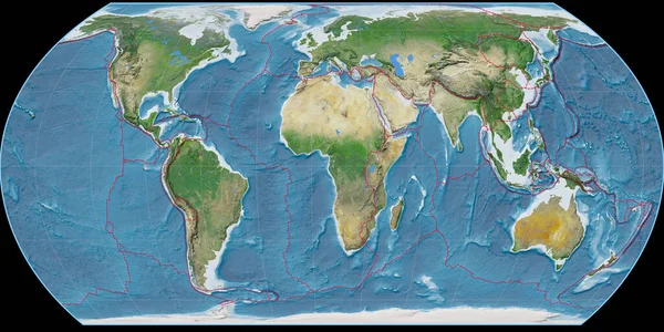 Карта Мира Проекции Хатано Сосредоточена Восточной Долготе Спутниковые Снимки Композитный — стоковое фото