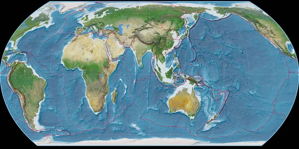 Mapa Świata Projekcji Hatano Skupiona Wschodniej Długości Geograficznej Obrazy Satelitarne — Zdjęcie stockowe