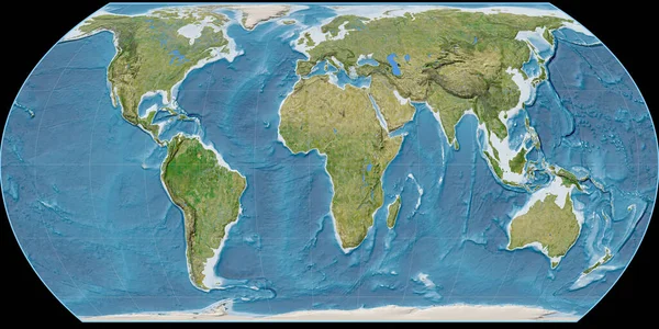 鸟野投影的世界地图以东经11度为中心 卫星图像B 具有满意效果的光栅的原始复合材料 3D插图 — 图库照片